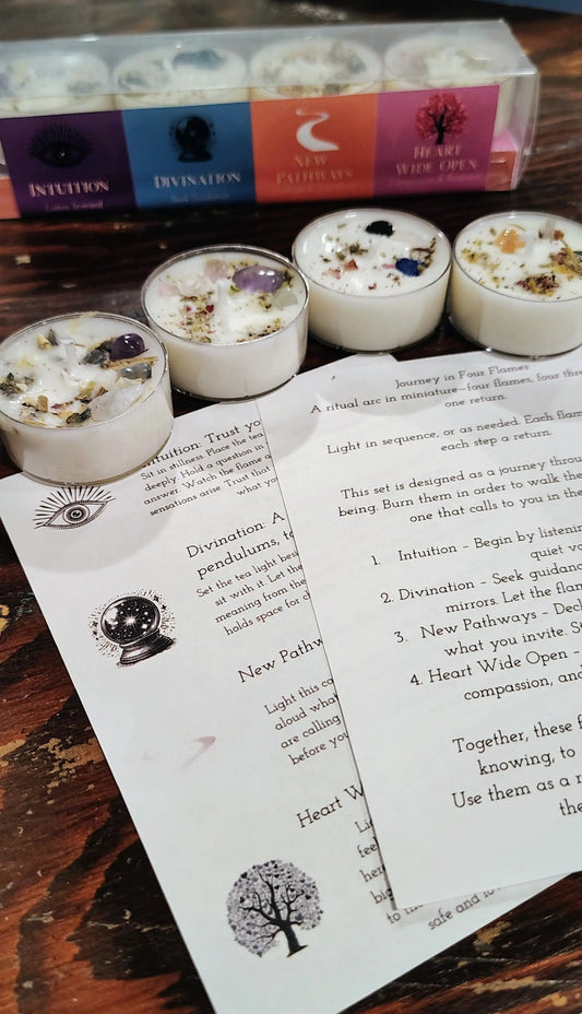 Set of four ritual tea lights with crystals and scented intention, handmade in Sioux Falls, SD.