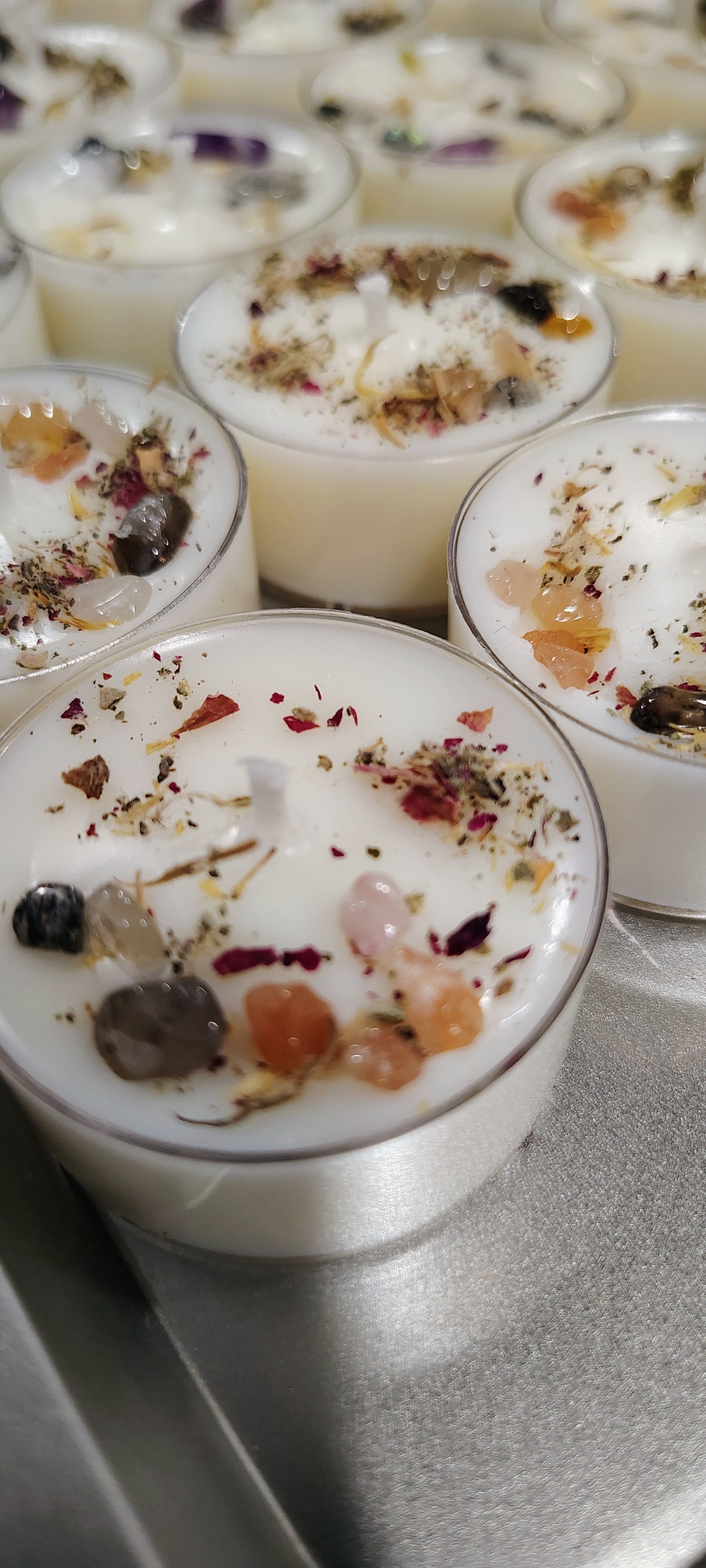 Set of four ritual tea lights with crystals and scented intention, handmade in Sioux Falls, SD.