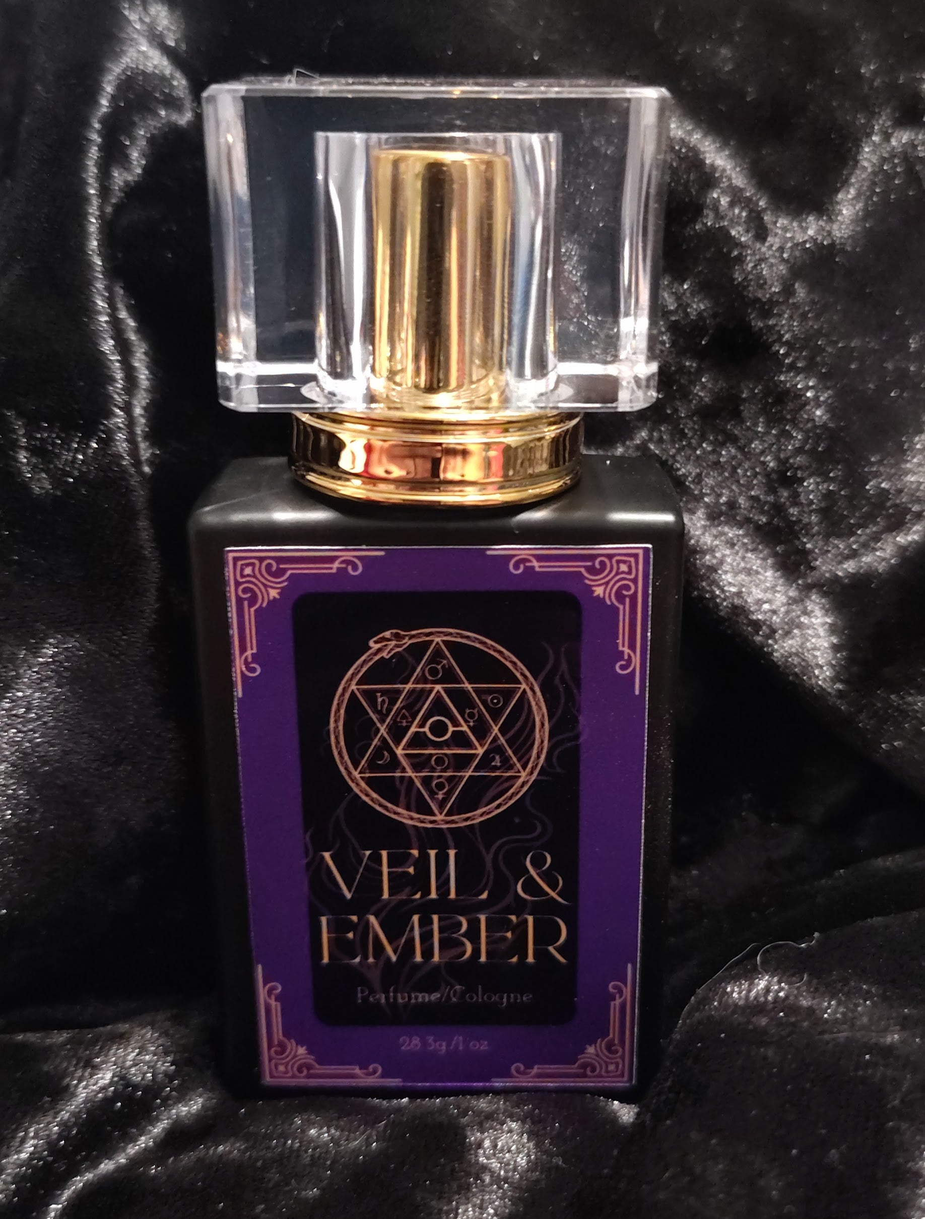 Veil & Ember perfume/cologne bottle with smoky resin fragrance notes, handcrafted in Sioux Falls, SD.