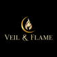 Veil & Flame logo. Gold crescent moon with flame inside. Words Veil & Flame underneath. 