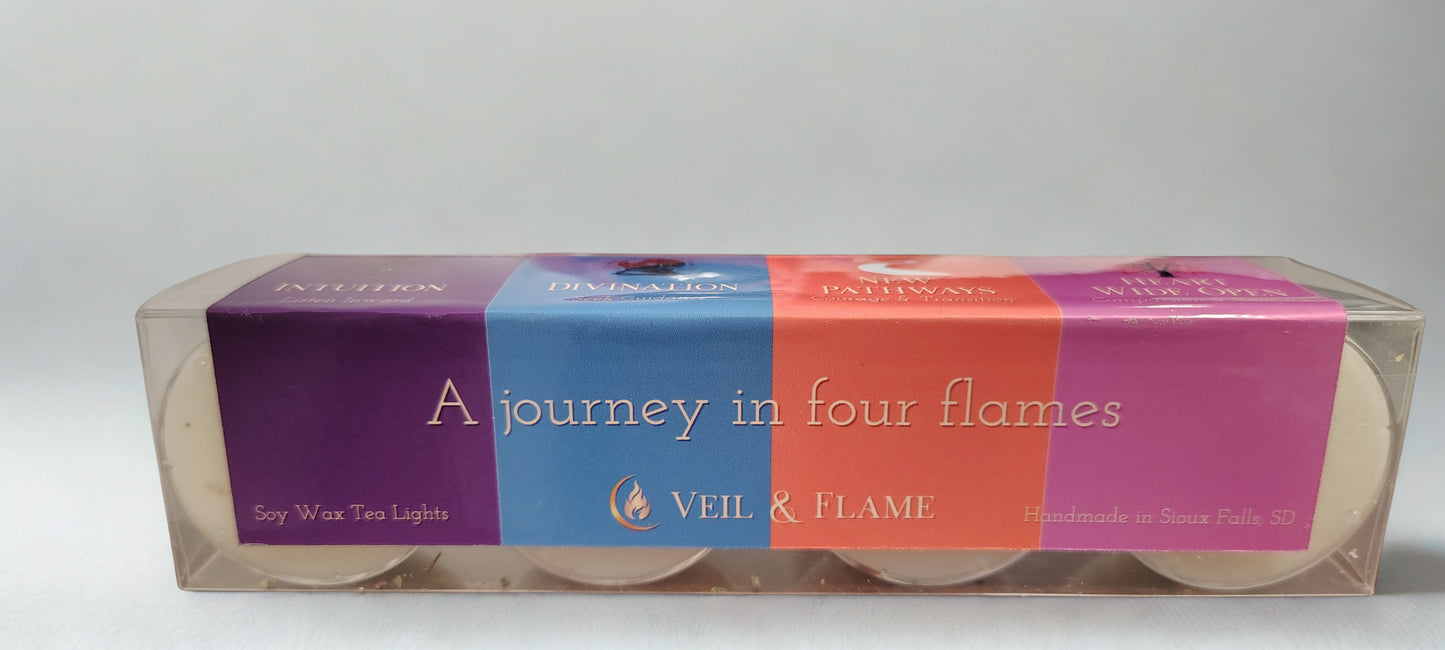 Set of four ritual tea lights with crystals and scented intention, handmade in Sioux Falls, SD.