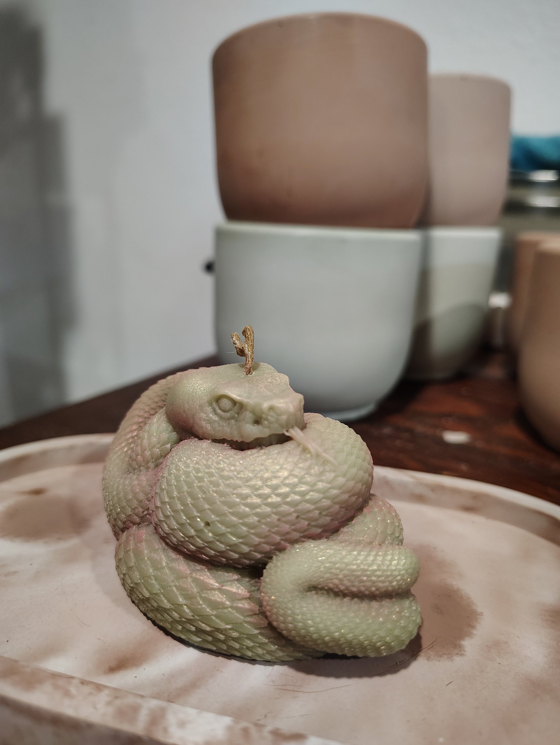 Coiled snake candle with detailed serpent design, handmade in Sioux Falls, SD.