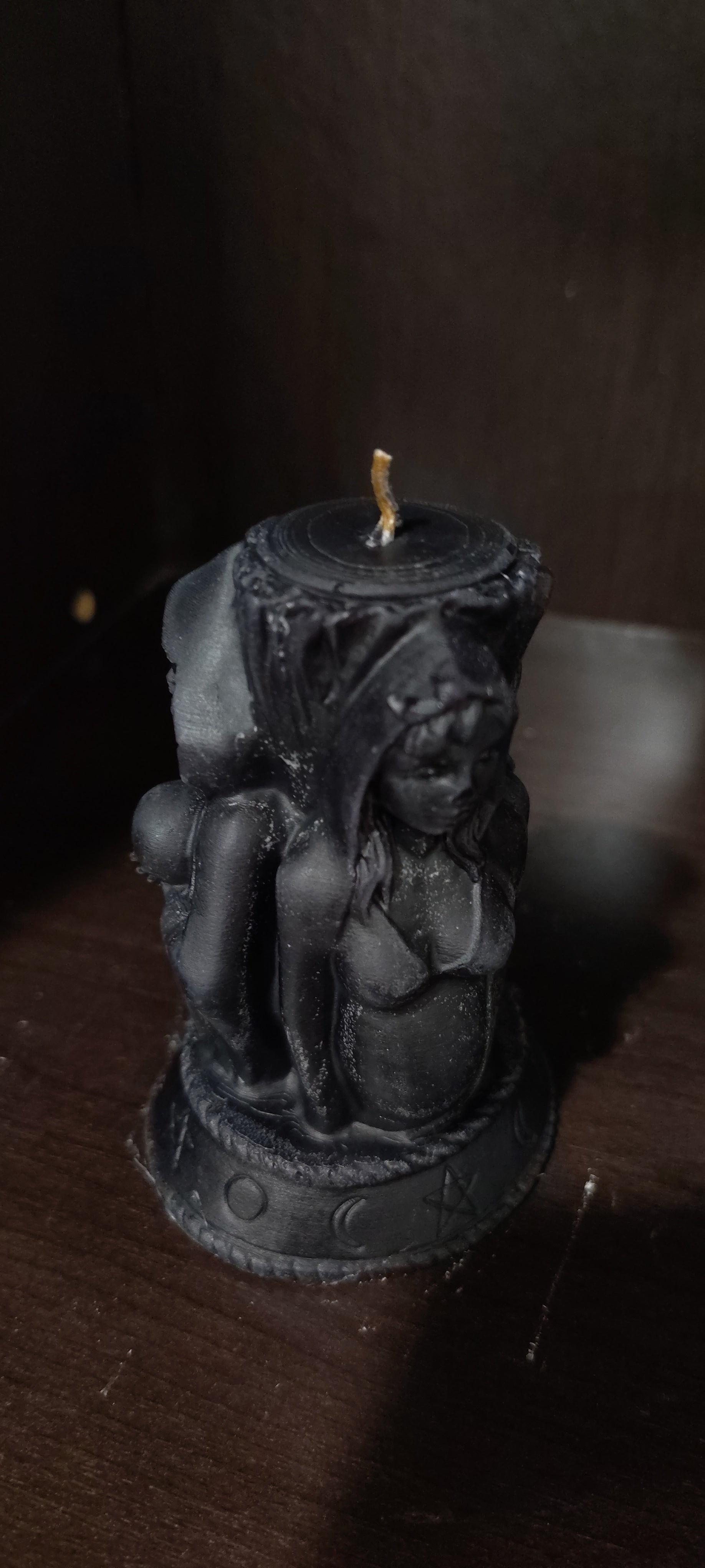 Triple Goddess sculptural candle showing Maiden, Mother, and Crone figures, handmade in Sioux Falls, SD.