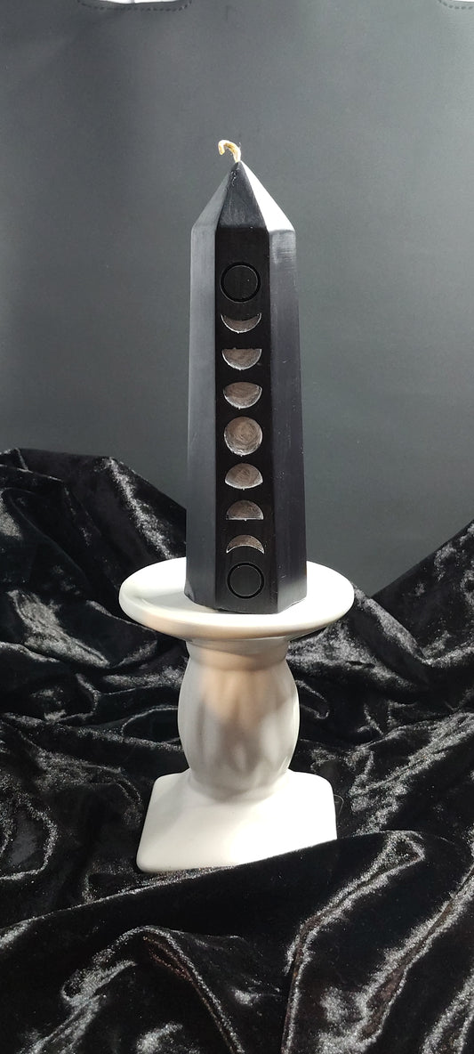 6‑inch moon phase tower candle with carved lunar design, handmade in Sioux Falls, SD.