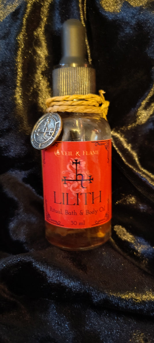 Lilith ritual oil with dragon’s blood, rose petals, and herbs in a 1 oz dropper bottle.