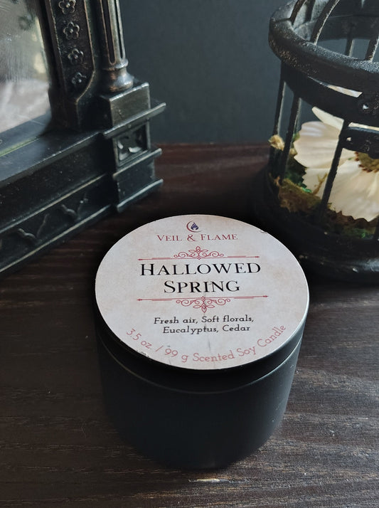 A black jar candle with a round white label reading 'HALLOWED SPRING' sits on a dark wooden surface. The label also shows the brand 'VEIL & FLAME' and notes 'Fresh and Soft Scents' and 'Eucalyptus Cedar.