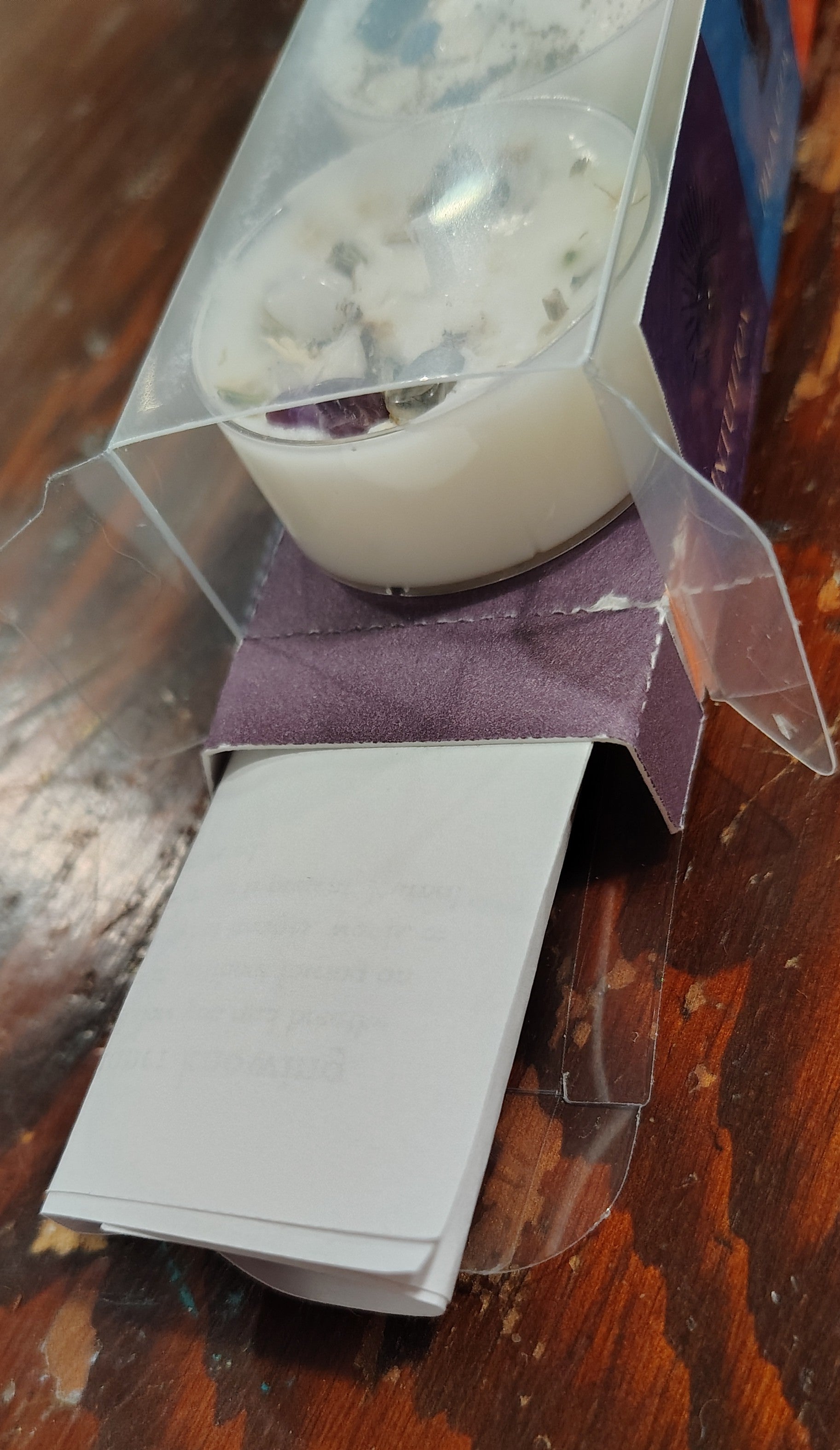 Set of four ritual tea lights with crystals and scented intention, handmade in Sioux Falls, SD.