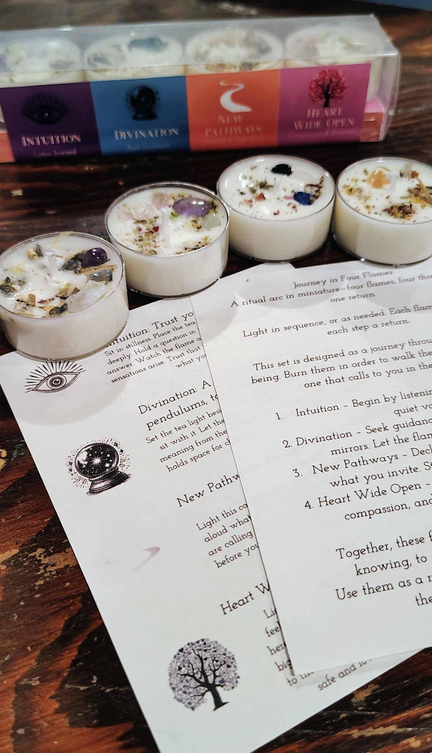 Set of four ritual tea lights with crystals and scented intention, handmade in Sioux Falls, SD.