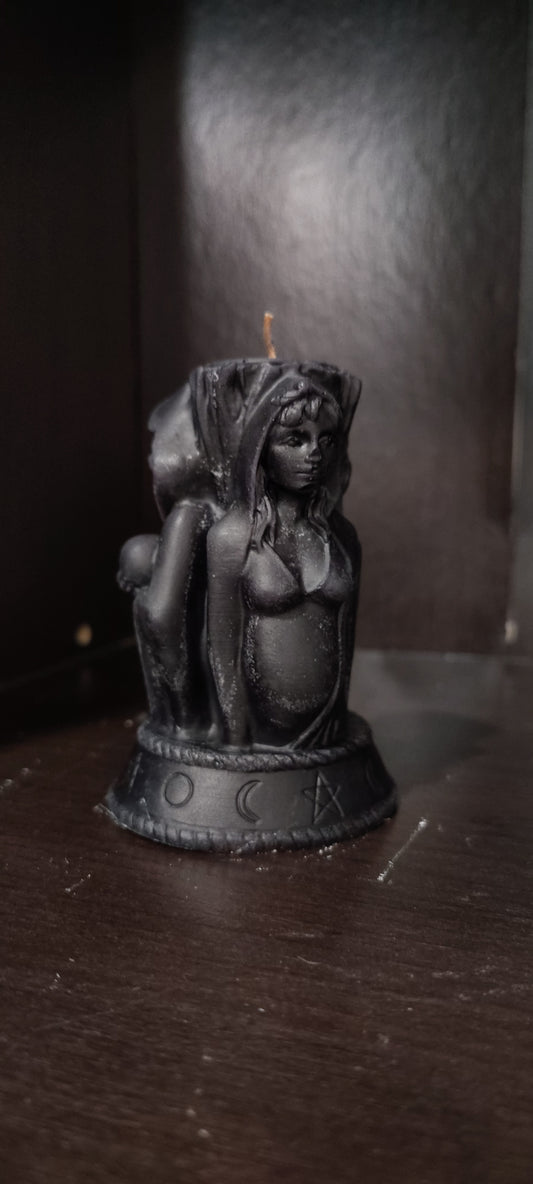 Triple Goddess sculptural candle showing Maiden, Mother, and Crone figures, handmade in Sioux Falls, SD.