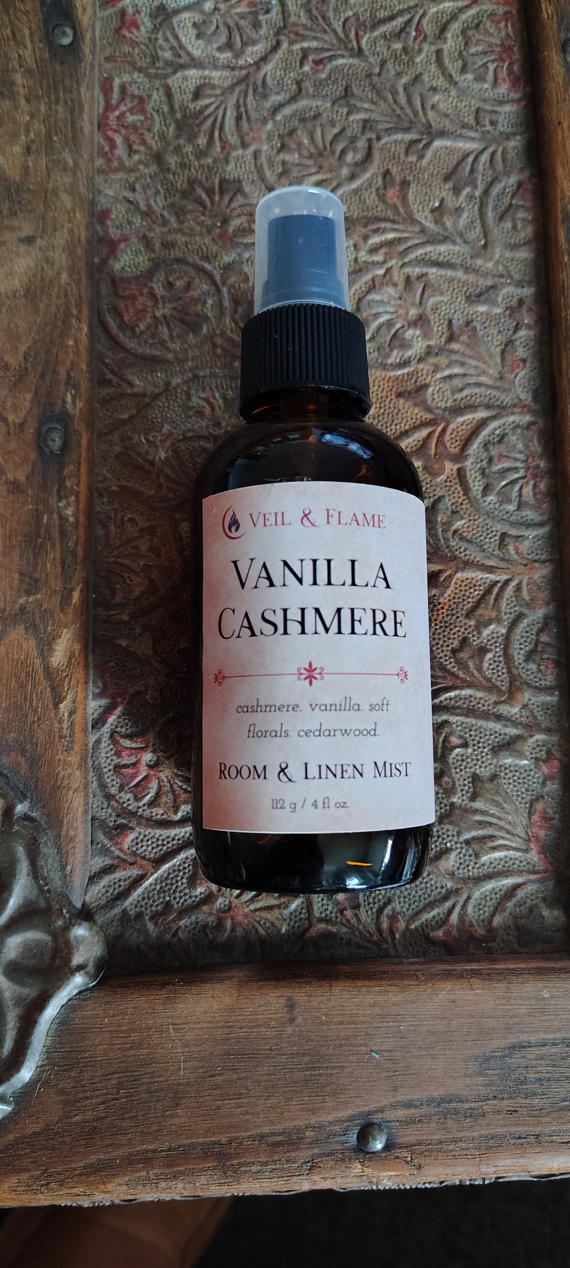 Vanilla Cashmere room and linen mist in a spray bottle, handmade in Sioux Falls, SD with warm vanilla and cedarwood notes.
