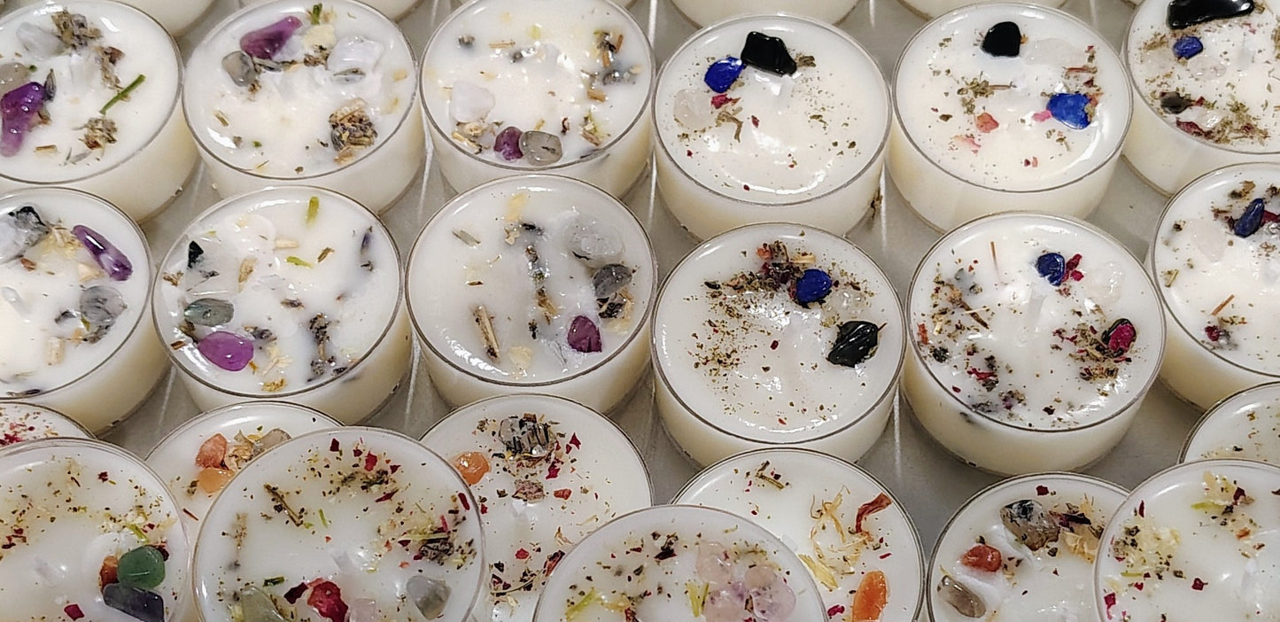 Journey in Four Flames – Ritual Tea Light Arc with Crystals & Scented Intention